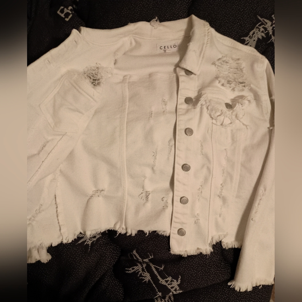 Cello Women's Distressed White Denim Jacket